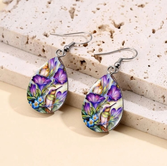Hummingbird Purple Paradise Teardrop Dangle Earrings - Picture 5 of 6